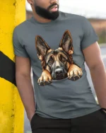 Cute German Shepherd Dog Peek Graphic T Shirt Dog Lover Style - model wearing grey tee, leaning on column