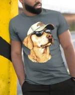 Cool Labrador Retriever Dog Wearing Sunglasses Graphic T Shirt - model wearing grey tee, leaning on column