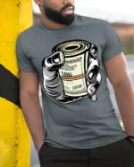 Cash Money Roll Graphic T Shirt Bold Hustle Street Style - model wearing grey tee, leaning on column