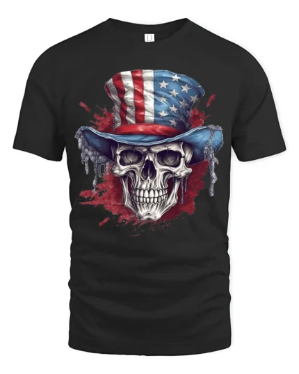 Patriotic Skull Uncle Sam Hat American Flag Graphic T Shirt - black t-shirt on white background
