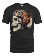 Flaming Biker Skull With Vintage Helmet Graphic T Shirt - black t-shirt on white background