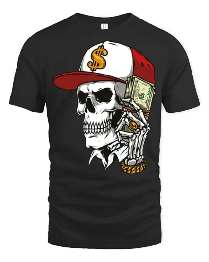 Street Rich Skull With Cash Stack Graphic T Shirt Urban Style - black t-shirt on white background