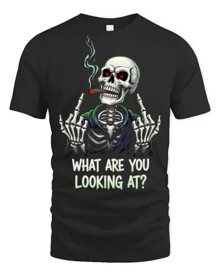 Funny Skeleton Smoking Cigar What Are You Looking At T Shirt - black t-shirt on white background
