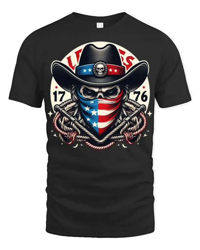 Patriotic Cowboy Skull 1776 Western American Graphic T Shirt - black t-shirt on white background