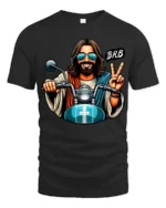 Funny Biker Jesus BRB Peace Sign Motorcycle Graphic T Shirt - black t-shirt on white background
