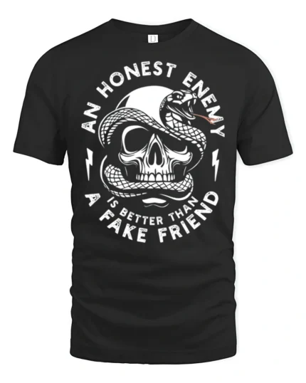 Skull And Snake An Honest Enemy Quote Graphic T Shirt - black t-shirt on white background