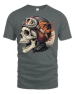 Flaming Biker Skull With Vintage Helmet Graphic T Shirt - gray t-shirt on white background