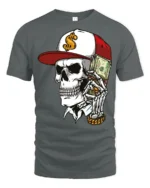 Street Rich Skull With Cash Stack Graphic T Shirt Urban Style - gray t-shirt on white background
