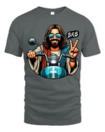 Funny Biker Jesus BRB Peace Sign Motorcycle Graphic T Shirt - gray t-shirt on white background