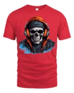 Urban Skull With Headphones Street Style Graphic T Shirt - red t-shirt on white background