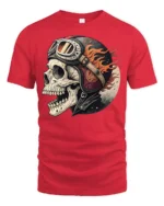 Flaming Biker Skull With Vintage Helmet Graphic T Shirt - red t-shirt on white background