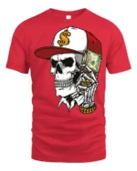Street Rich Skull With Cash Stack Graphic T Shirt Urban Style - red t-shirt on white background