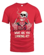 Funny Skeleton Smoking Cigar What Are You Looking At T Shirt - red t-shirt on white background