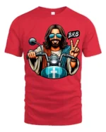 Funny Biker Jesus BRB Peace Sign Motorcycle Graphic T Shirt - red t-shirt on white background