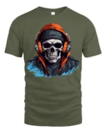 Urban Skull With Headphones Street Style Graphic T Shirt - military green t-shirt on white background