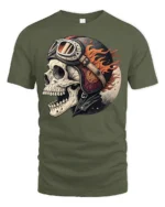 Flaming Biker Skull With Vintage Helmet Graphic T Shirt - military green t-shirt on white background