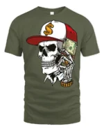 Street Rich Skull With Cash Stack Graphic T Shirt Urban Style - military green t-shirt on white background