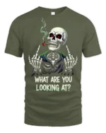 Funny Skeleton Smoking Cigar What Are You Looking At T Shirt - military green t-shirt on white background