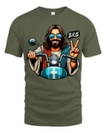 Funny Biker Jesus BRB Peace Sign Motorcycle Graphic T Shirt - military green t-shirt on white background