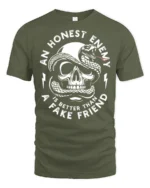 Skull And Snake An Honest Enemy Quote Graphic T Shirt - military green t-shirt on white background