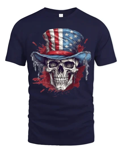 Patriotic Skull Uncle Sam Hat American Flag Graphic T Shirt - navy t-shirt on white background