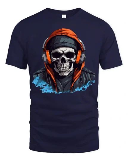 Urban Skull With Headphones Street Style Graphic T Shirt - navy t-shirt on white background