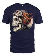 Flaming Biker Skull With Vintage Helmet Graphic T Shirt - navy t-shirt on white background