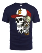 Street Rich Skull With Cash Stack Graphic T Shirt Urban Style - navy t-shirt on white background