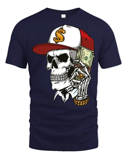 Street Rich Skull With Cash Stack Graphic T Shirt Urban Style - navy t-shirt on white background