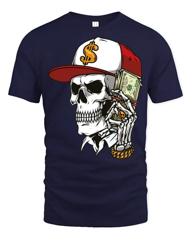 Street Rich Skull With Cash Stack Graphic T Shirt Urban Style - navy t-shirt on white background