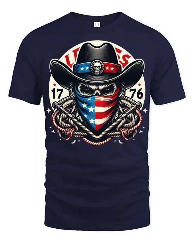 Patriotic Cowboy Skull 1776 Western American Graphic T Shirt - navy t-shirt on white background