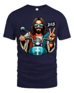 Funny Biker Jesus BRB Peace Sign Motorcycle Graphic T Shirt - navy t-shirt on white background