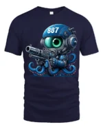 Sci Fi Octopus Space Soldier With Blaster Graphic T Shirt - navy t-shirt on white background