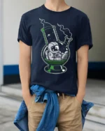 Funny Astronaut Bong Galaxy Space Humor Graphic T Shirt - model wearing navy tee with hands in pockets