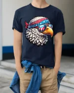 Patriotic Bald Eagle Sunglasses American Flag Graphic T Shirt - model wearing navy tee with hands in pockets