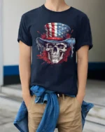 Patriotic Skull Uncle Sam Hat American Flag Graphic T Shirt - model wearing navy tee with hands in pockets