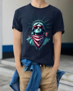 Cool Statue Of Liberty Sunglasses Patriotic Graphic T Shirt - model wearing navy tee with hands in pockets
