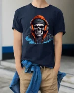 Urban Skull With Headphones Street Style Graphic T Shirt - model wearing navy tee with hands in pockets