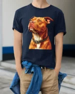 Realistic Pit Bull Dog Portrait Graphic T Shirt Dog Lover Style - model wearing navy tee with hands in pockets