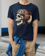 Flaming Biker Skull With Vintage Helmet Graphic T Shirt - model wearing navy tee with hands in pockets