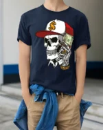 Street Rich Skull With Cash Stack Graphic T Shirt Urban Style - model wearing navy tee with hands in pockets