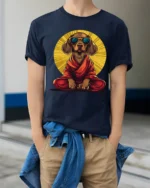 Zen Meditation Dog With Sunglasses Funny Graphic T Shirt - model wearing navy tee with hands in pockets