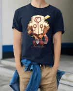 Cute Fantasy Warrior Mask Chibi Knight Graphic T Shirt - model wearing navy tee with hands in pockets