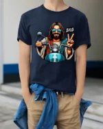 Funny Biker Jesus BRB Peace Sign Motorcycle Graphic T Shirt - model wearing navy tee with hands in pockets