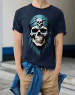 Vintage Pirate Skull Bandana Graphic T Shirt Dark Ocean Style - model wearing navy tee with hands in pockets