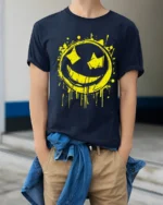 Grunge Smiley Face Graffiti Street Art Graphic T Shirt Style - model wearing navy tee with hands in pockets