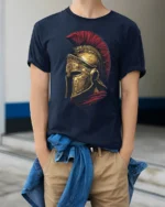 Vintage Roman Gladiator Helmet Warrior Graphic T Shirt Style - model wearing navy tee with hands in pockets