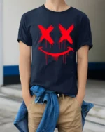 Creepy Dripping Smiley Face Horror Graffiti Graphic T Shirt - model wearing navy tee with hands in pockets