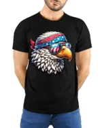 Patriotic Bald Eagle Sunglasses American Flag Graphic T Shirt - model wearing black tee with hands behind back