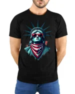 Cool Statue Of Liberty Sunglasses Patriotic Graphic T Shirt - model wearing black tee with hands behind back